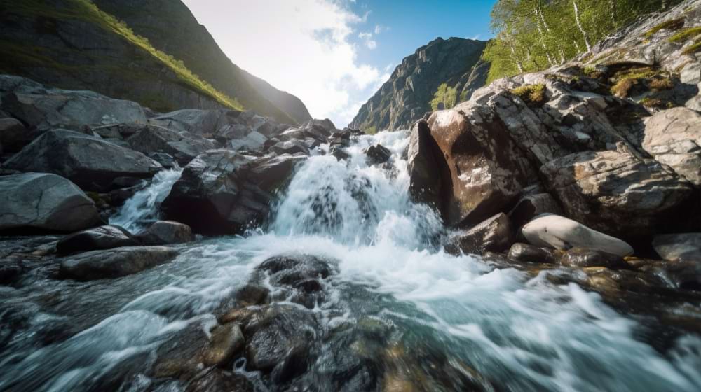 Une magnifique cascade d'eau bleue, descends au milieu de montagnes et de rochers pendant une journée ensoleillée
